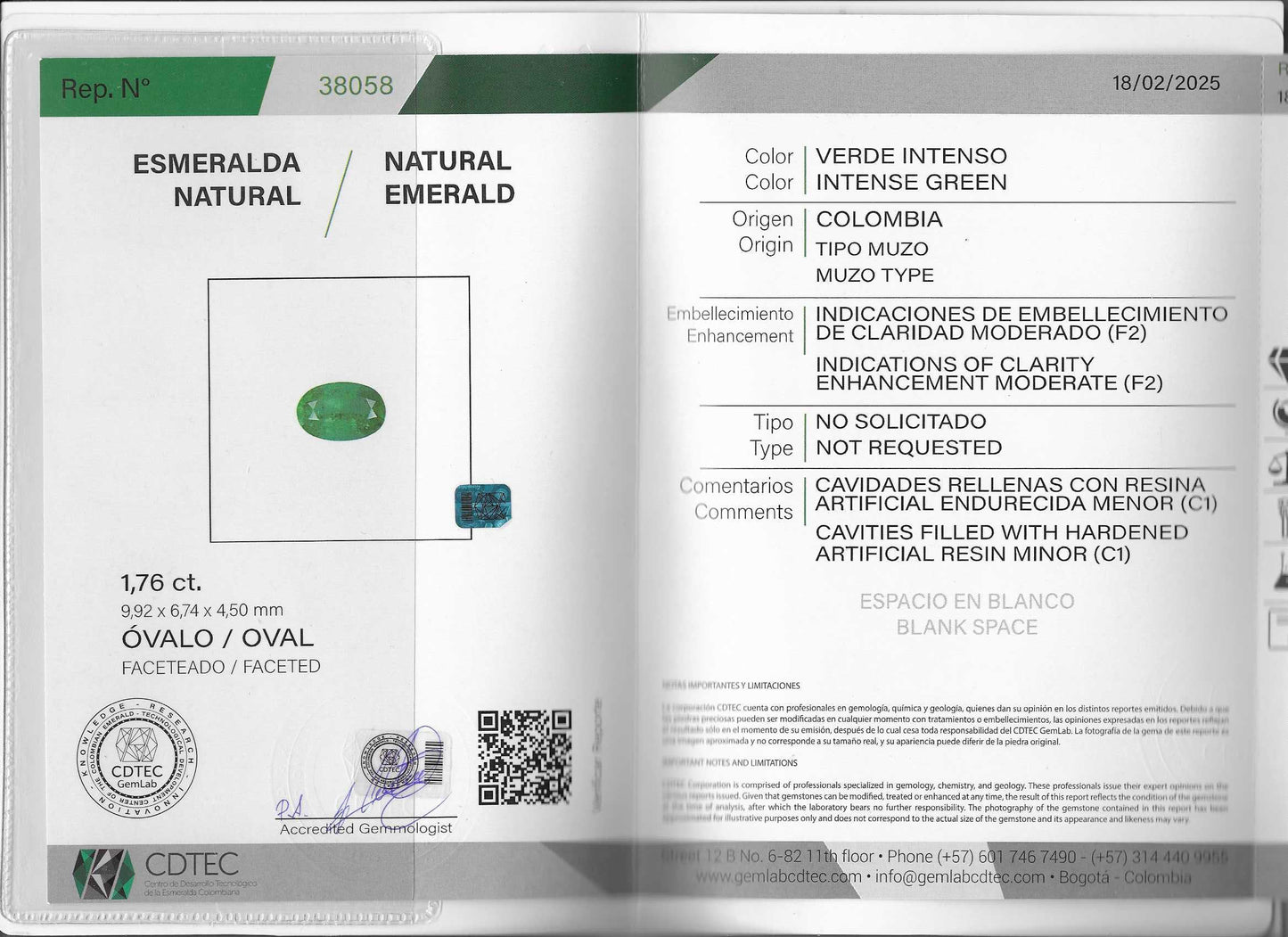 ESMERALDA CDTEC CORTE OVAL 1.76 CTS