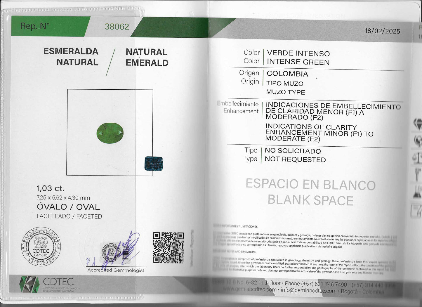 ESMERALDA CDTEC CORTE OVAL 7.25 X 5.62 1.03 CTS