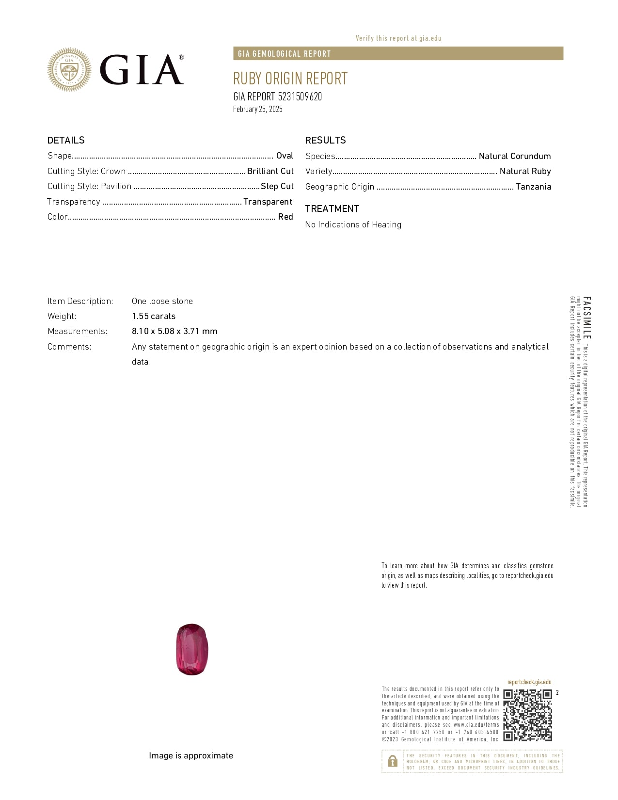 RUBÍ GIA CORTE OVAL 1.55 CT
