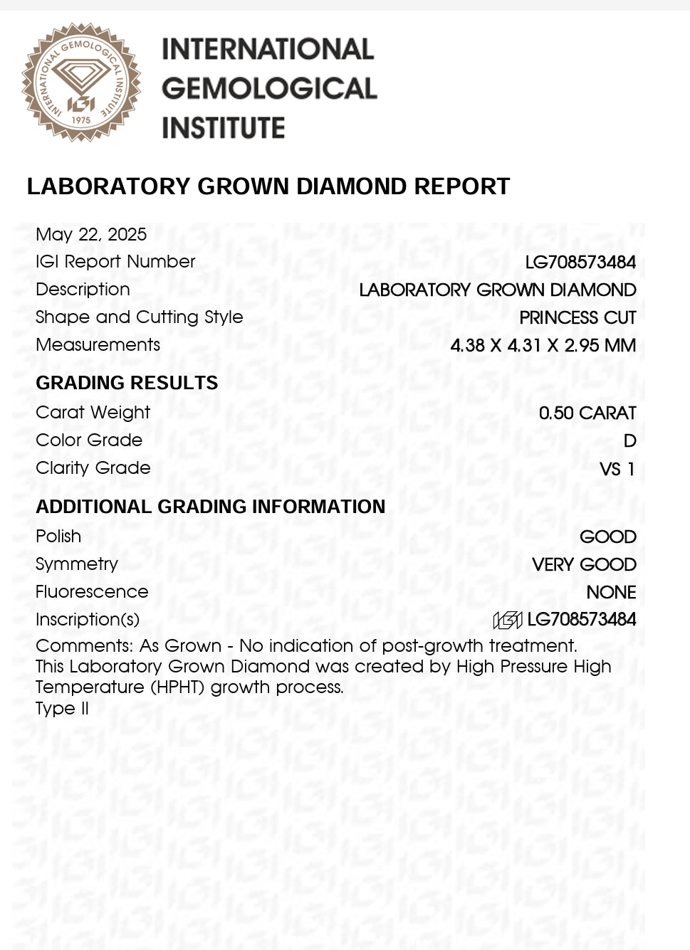 DIAMANTE DE LABORATORIO IGI PRINCESS 0.50 CTS D VS1