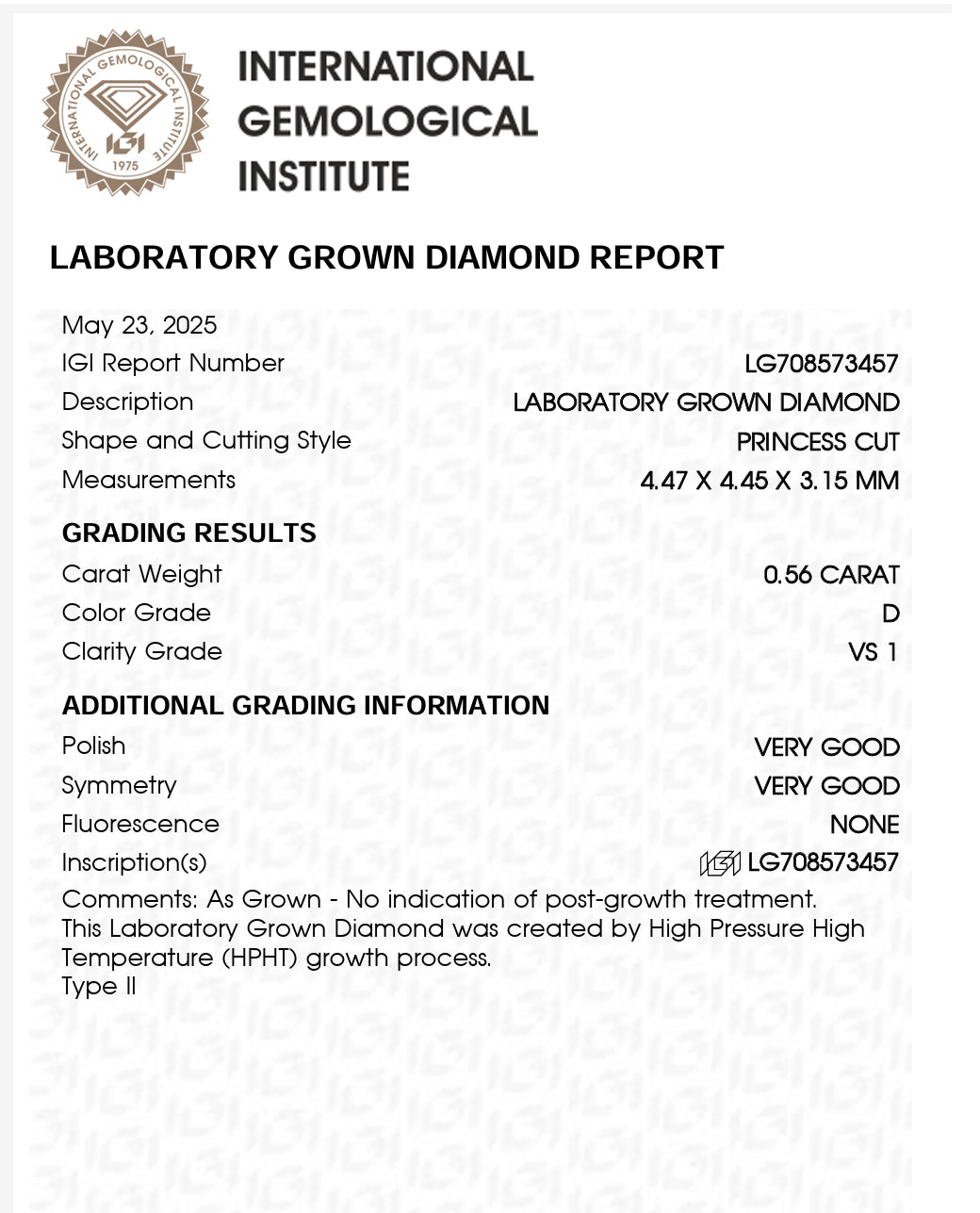 DIAMANTE DE LABORATORIO IGI PRINCESS 0.50 CTS D VS1