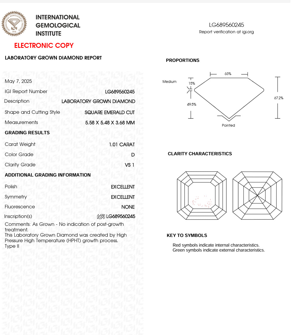 DIAMANTE DE LABORATORIO ASSCHER 1.00 CTS D VS1