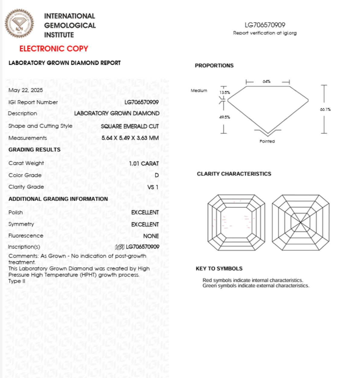 DIAMANTE DE LABORATORIO ASSCHER 1.01 CTS D VS1