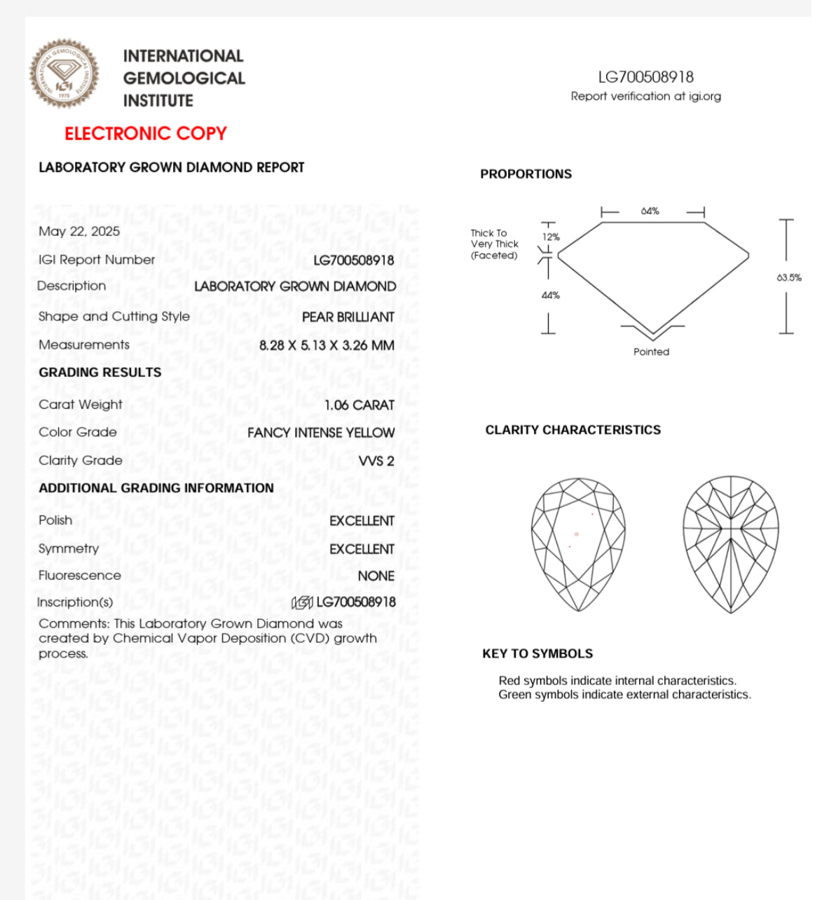 DIAMANTE IGI PERA FANCY INTENSE YELLOW 1.06 CTS VVS2