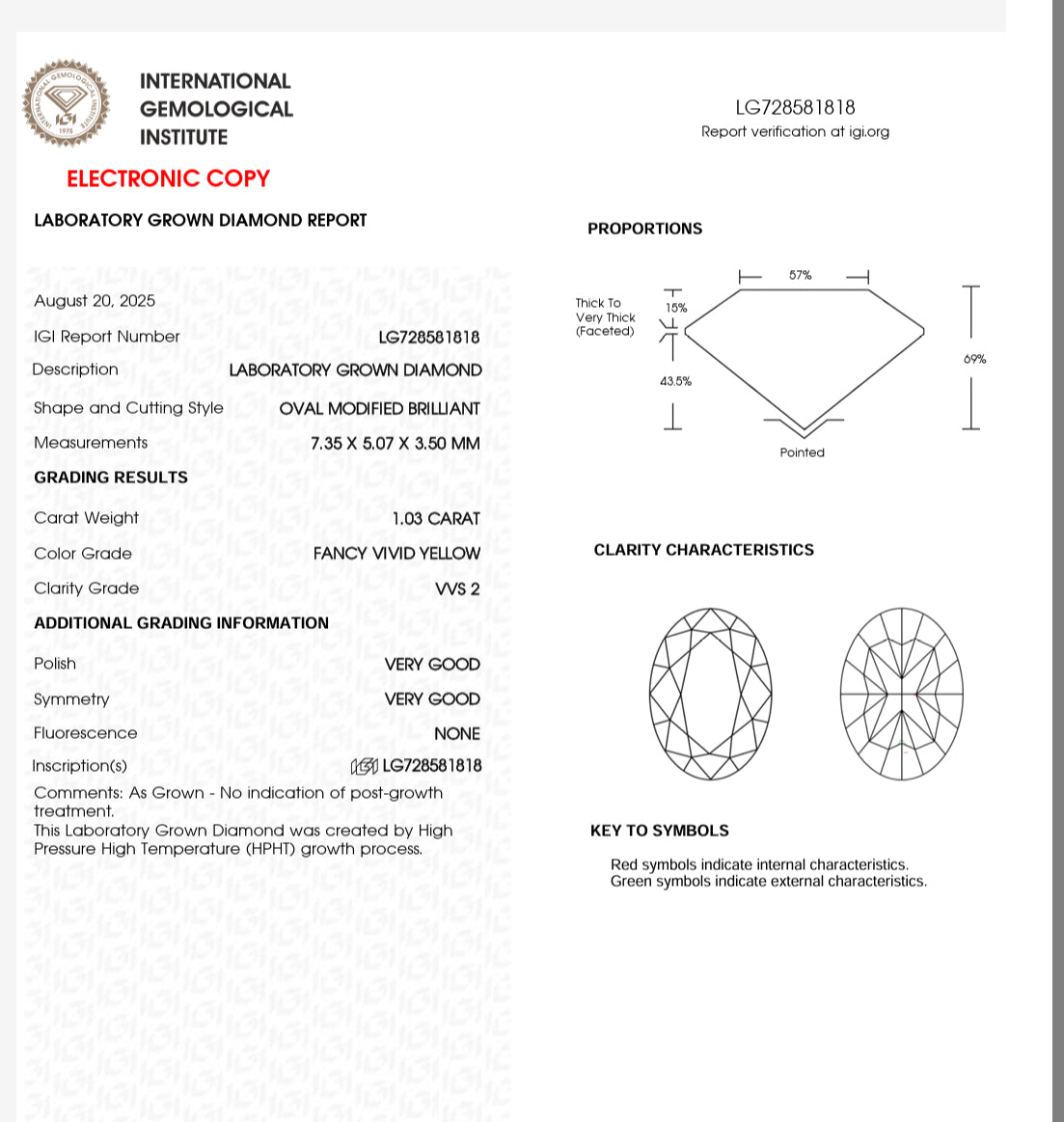 DIAMANTE IGI OVAL FANCY VIVID YELLOW 1.03 CTS VVS2