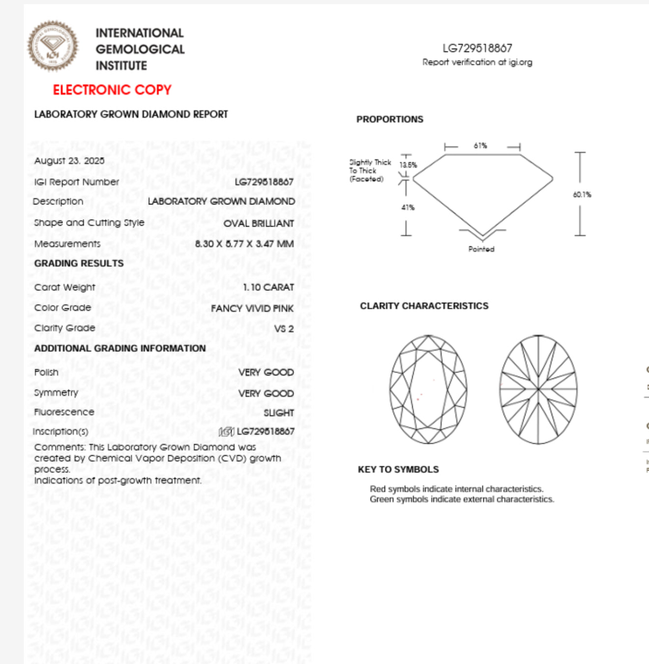 DIAMANTE IGI OVAL FANCY VIVID PINK 1.10 CTS VS2