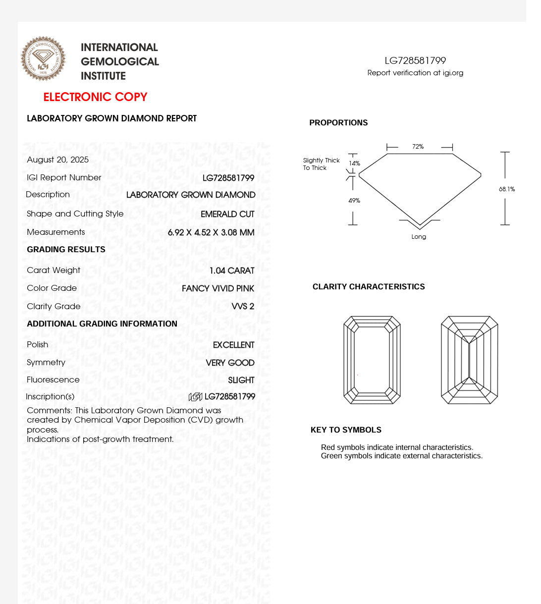 DIAMANTE IGI ESMERALDA FANCY VIVID PINK 1.04 CTS VVS2