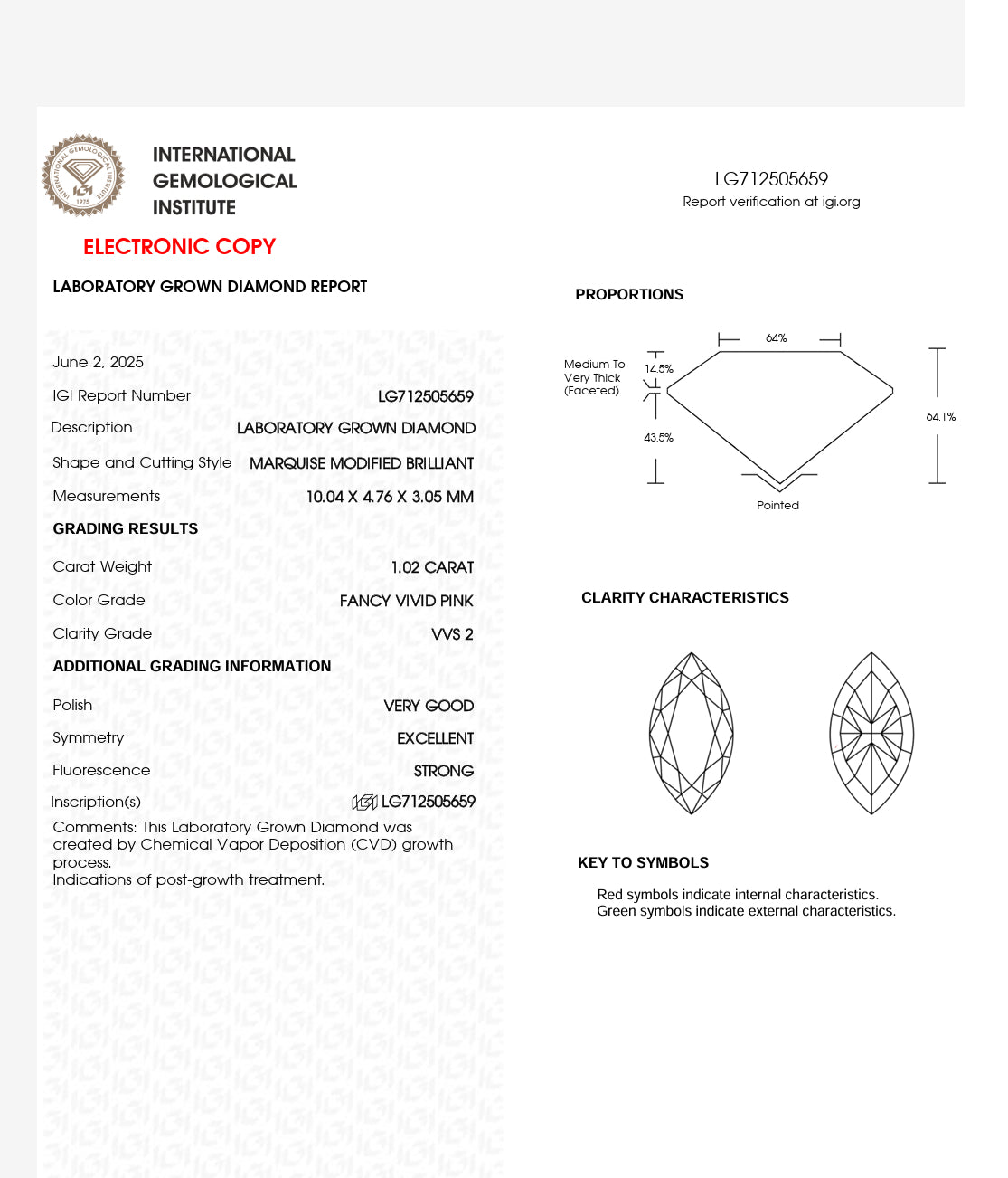 DIAMANTE IGI MARQUISSE FANCY VIVID PINK 1.02 CTS VVS2