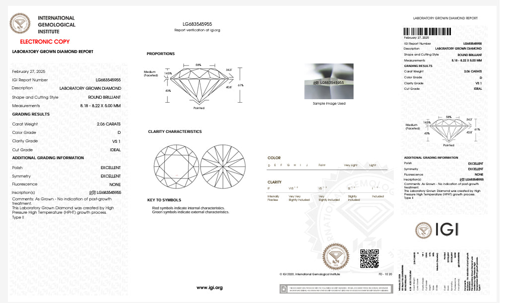 DIAMANTE DE LABORATORIO IGI 2.06 CT CORTE BRILLANTE D VS1