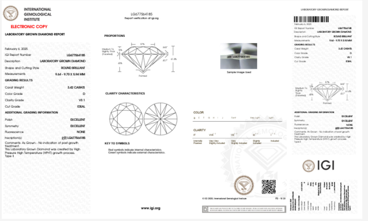 DIAMANTE DE LABORATORIO IGI 3.42 CT CORTE BRILLANTE D VS1