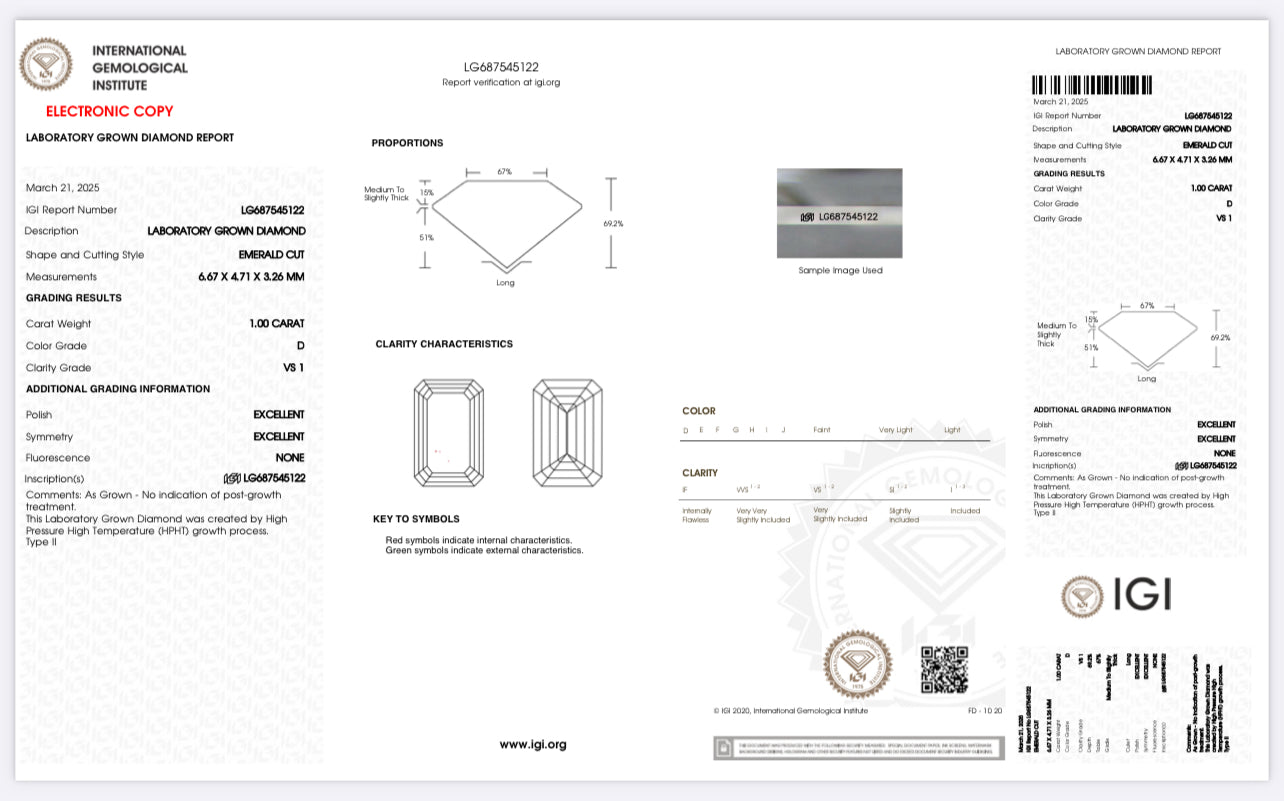 DIAMANTE DE LABORATORIO IGI CORTE ESMERALDA 1.00 CT D VS1