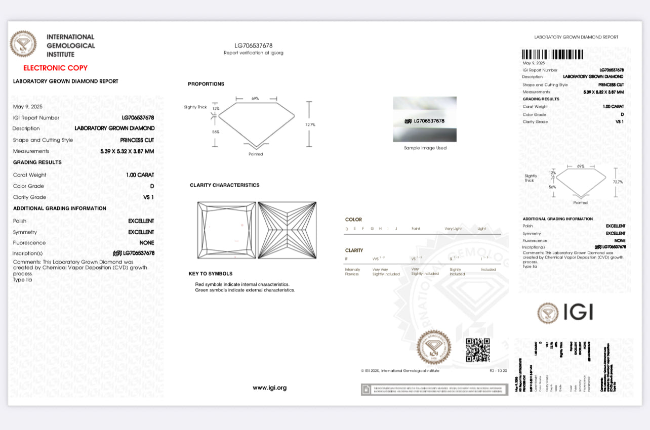 DIAMANTE DE LABORATORIO IGI CORTE PRINCESS 1.00 A 1.08 CT D VS1