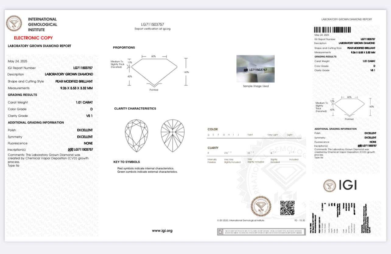 DIAMANTE DE LABORATORIO IGI 1.01 CT CORTE PERA D VS1