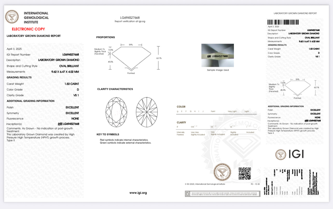 DIAMANTE DE LABORATORIO IGI CORTE OVAL 1.53 CTS D VS1