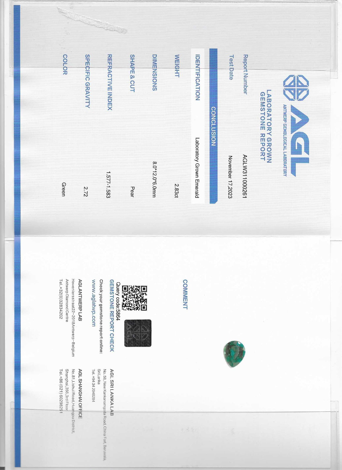 ESMERALDA DE LAB AGL PERA 8 X 12 MM