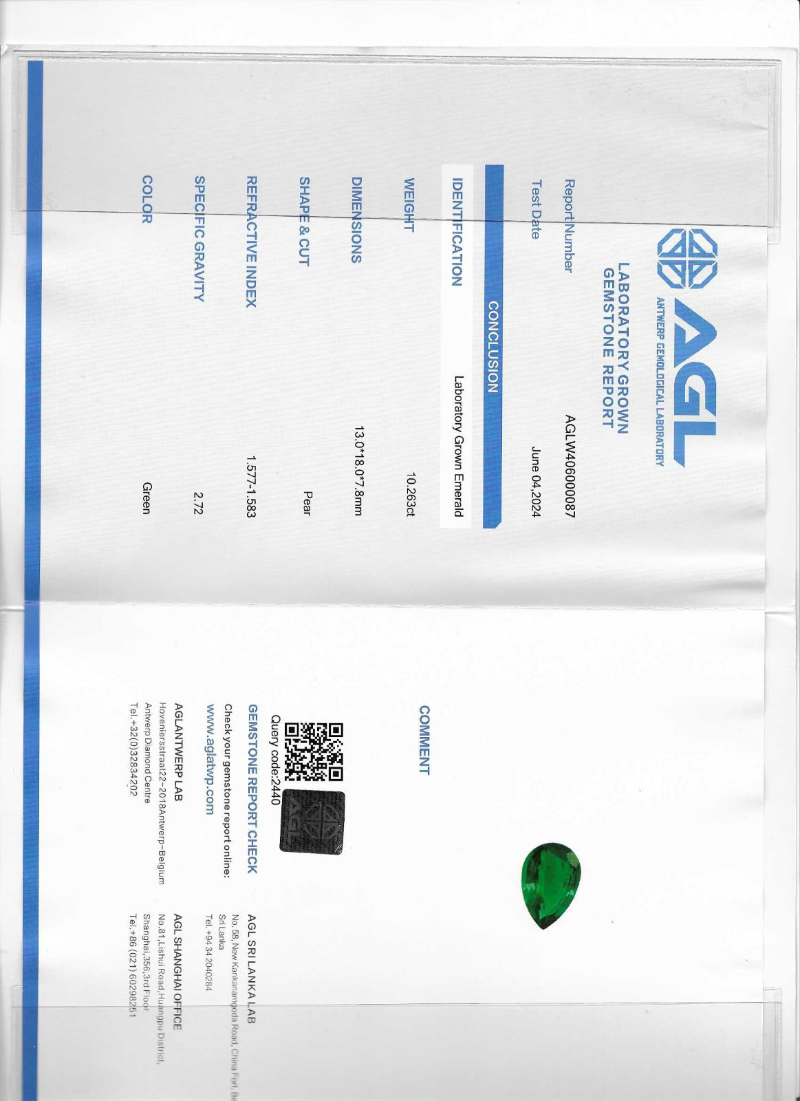 ESMERALDA DE LAB AGL PERA 13 X 18 MM