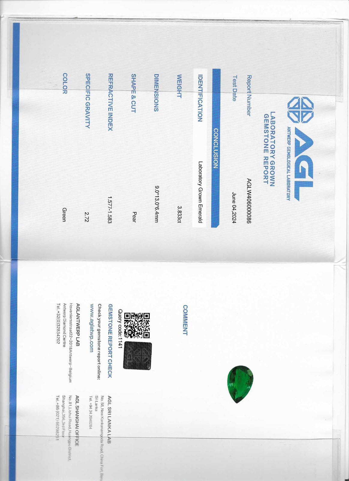 ESMERALDA DE LAB AGL PERA 9 X 13 MM