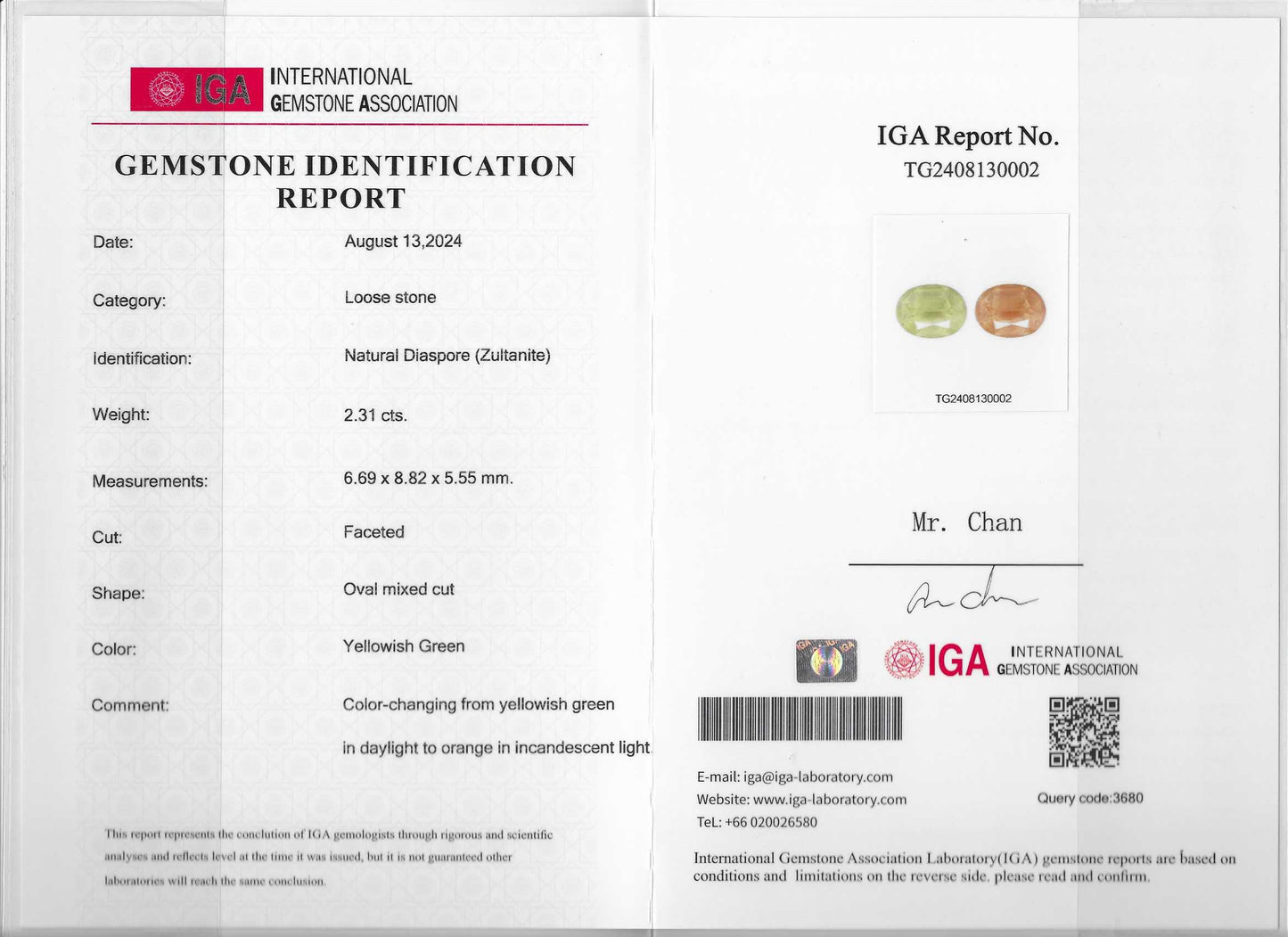ZULTANITA CERTIFICADA IGA 2.31 CT