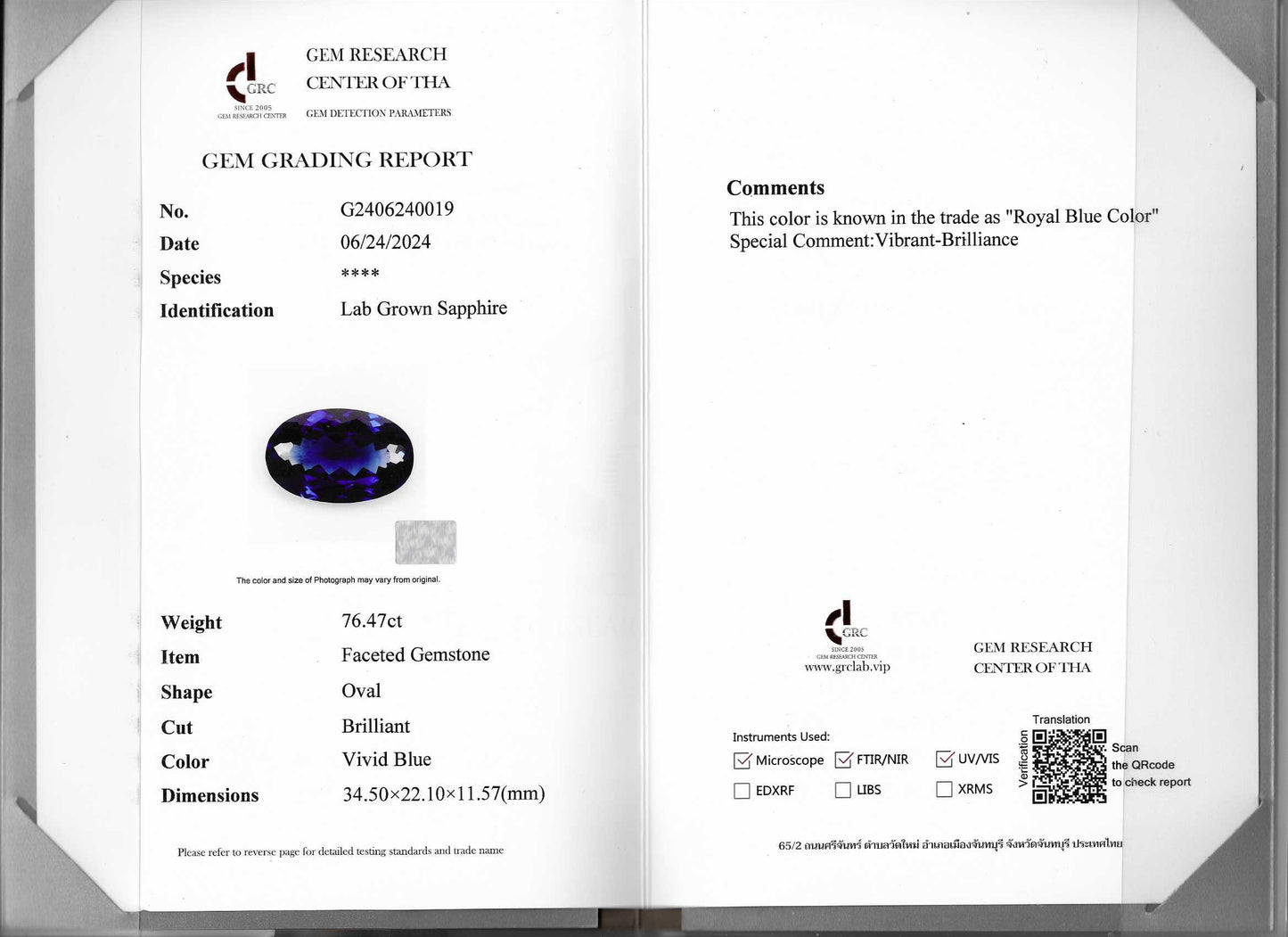 ZAFIRO LAB GRC OVAL 34 X 22 MM 76.47 CT