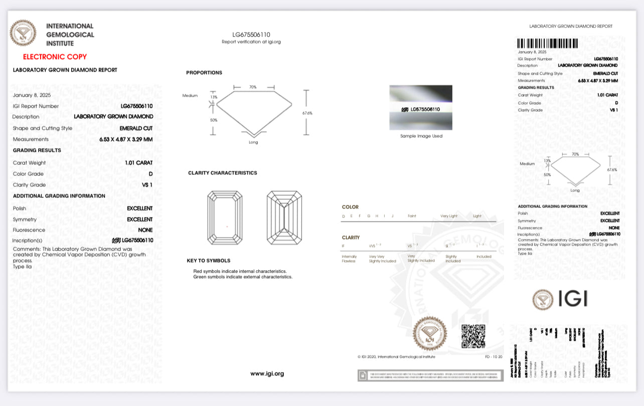 DIAMANTE DE LABORATORIO IGI 1.01 CT CORTE ESMERALDA D VS1