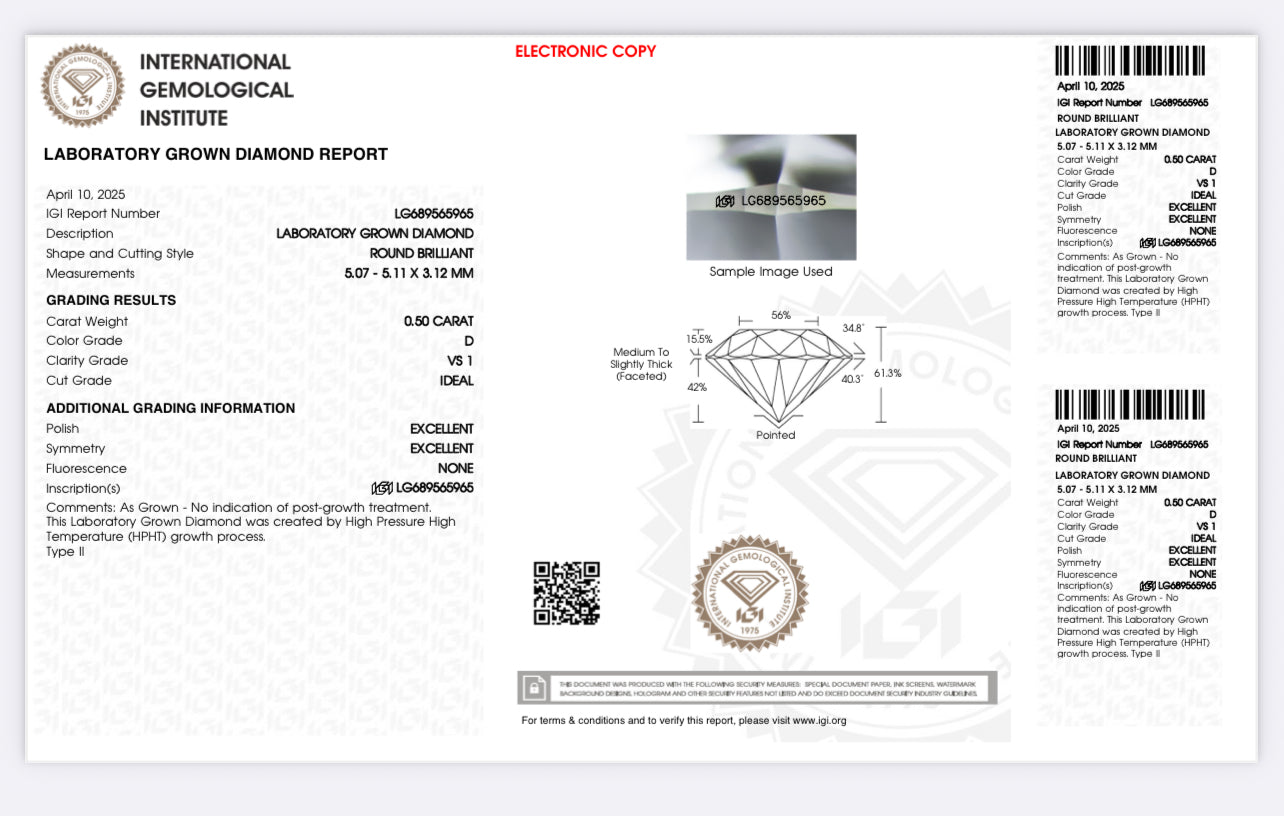 DIAMANTE DE LABORATORIO IGI CORTE BRILLANTE 0.50 CTS D VS1