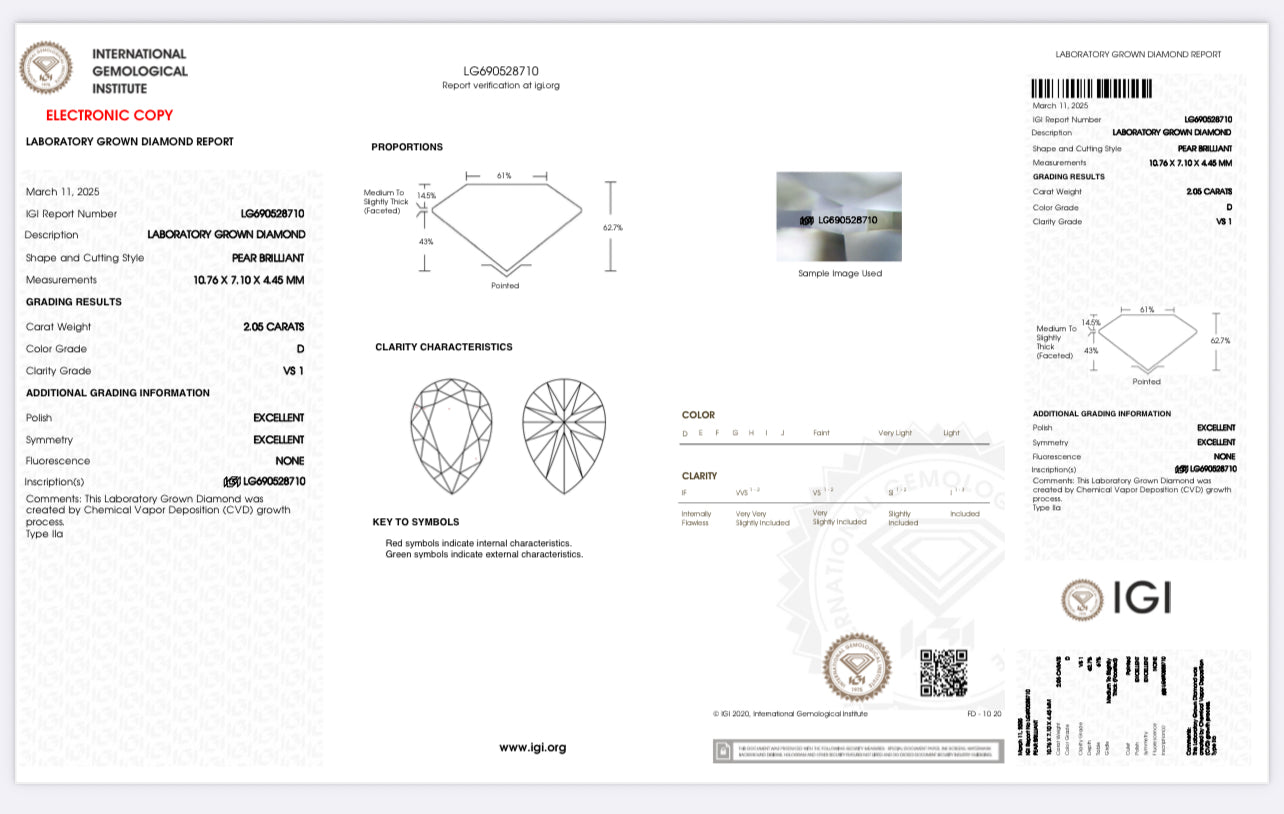 DIAMANTE DE LABORATORIO IGI CORTE PERA 2.05 CTS D VS1