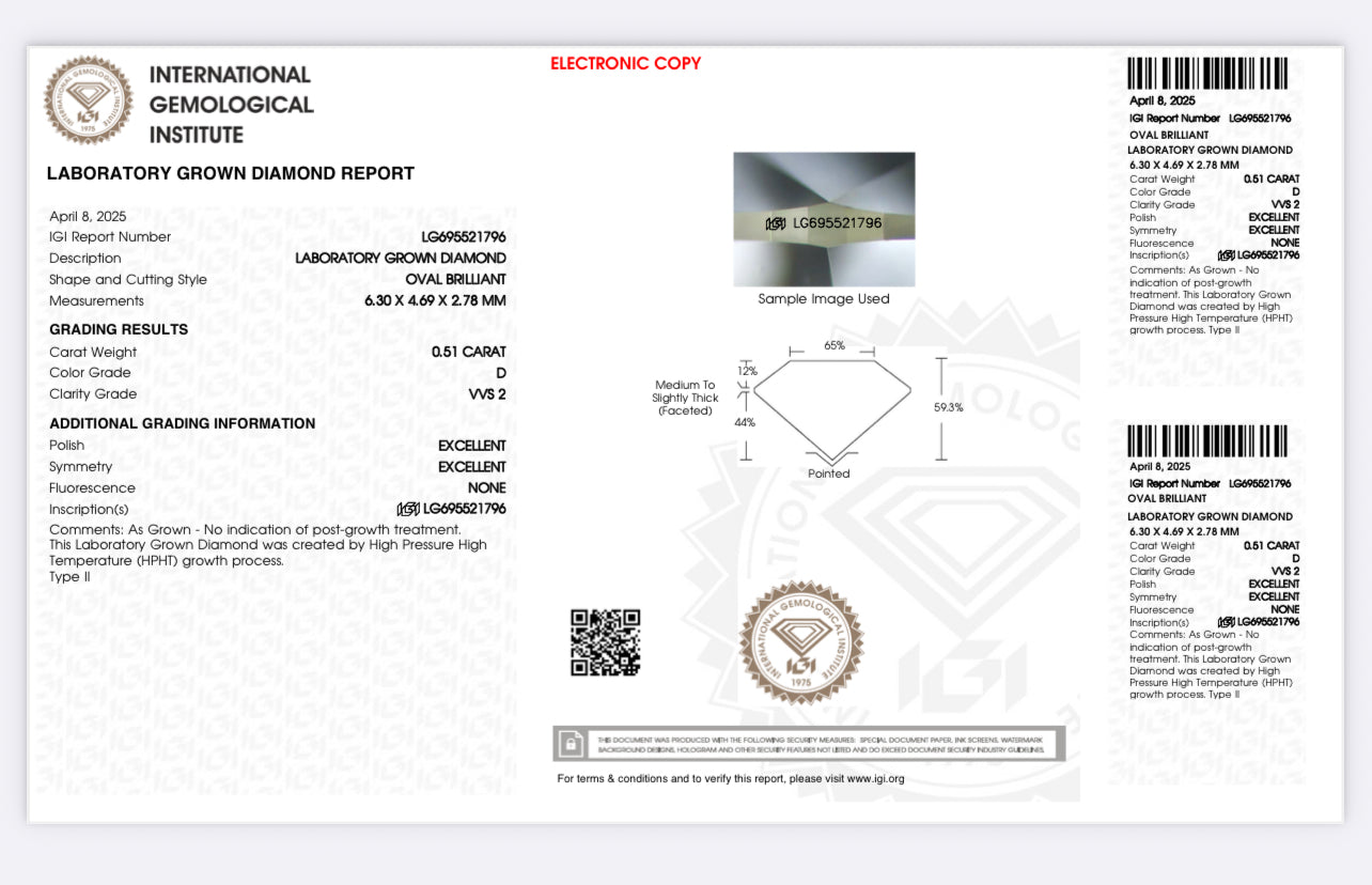 DIAMANTE DE LABORATORIO IGI CORTE OVAL 0.51 CTS D VVS2
