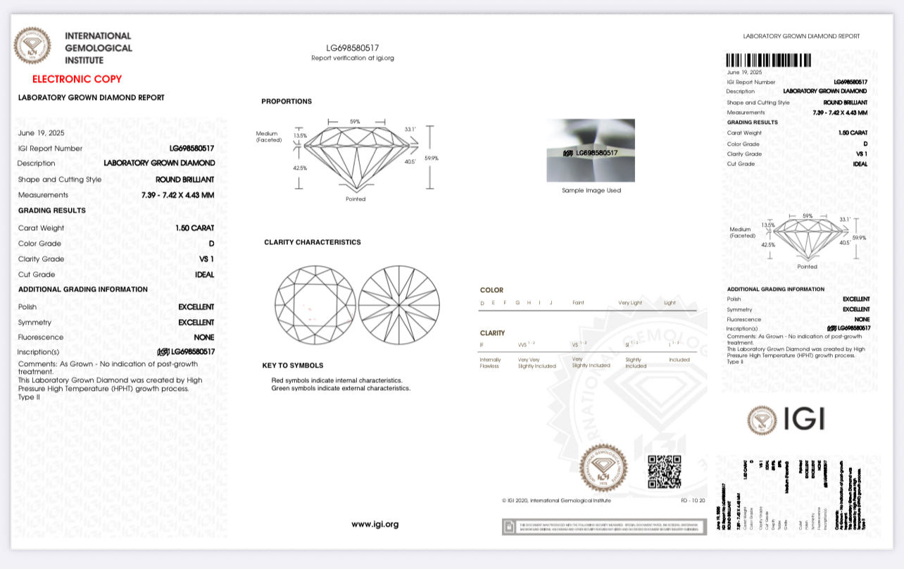 DIAMANTE DE LABORATORIO CORTE BRILLANTE 1.50 CT D VS1