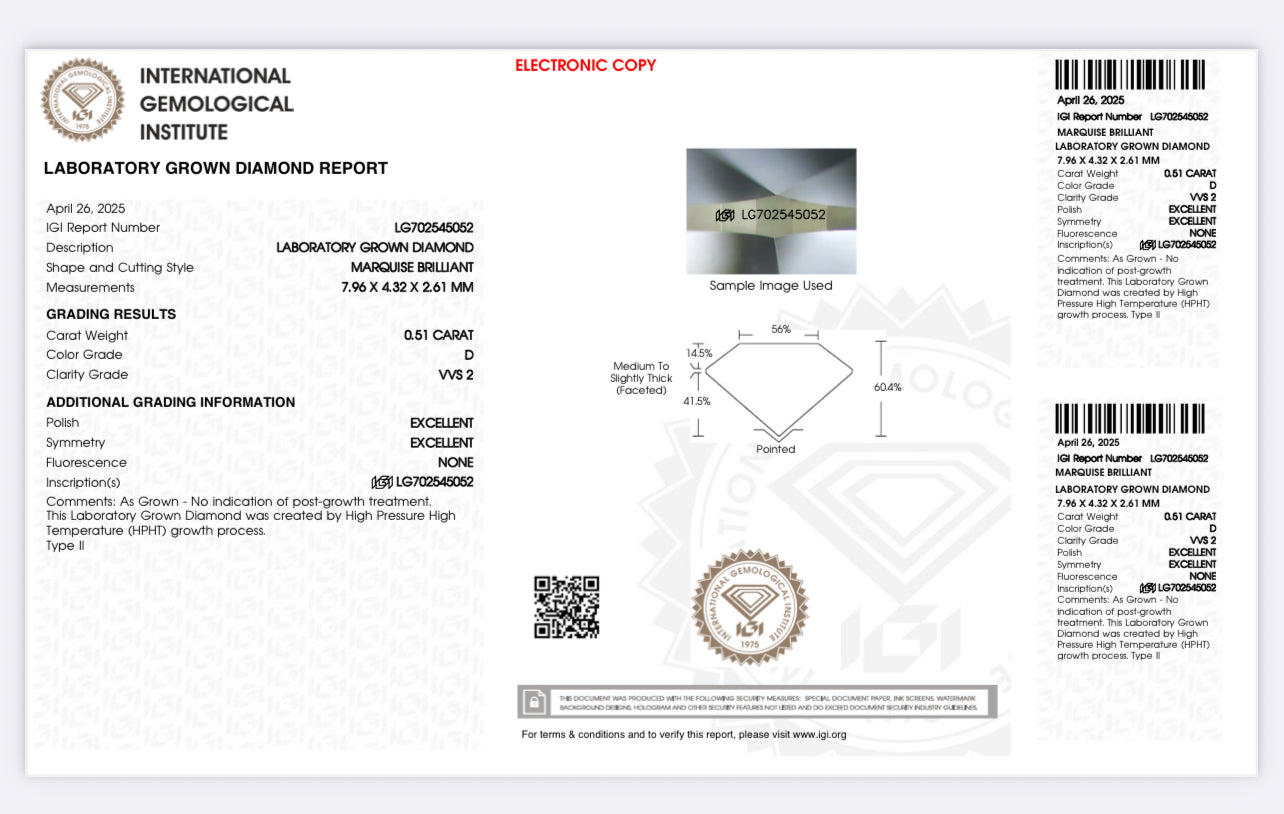 DIAMANTE DE LABORATORIO IGI CORTE MARQUISSE 0.51 CTS D VVS2