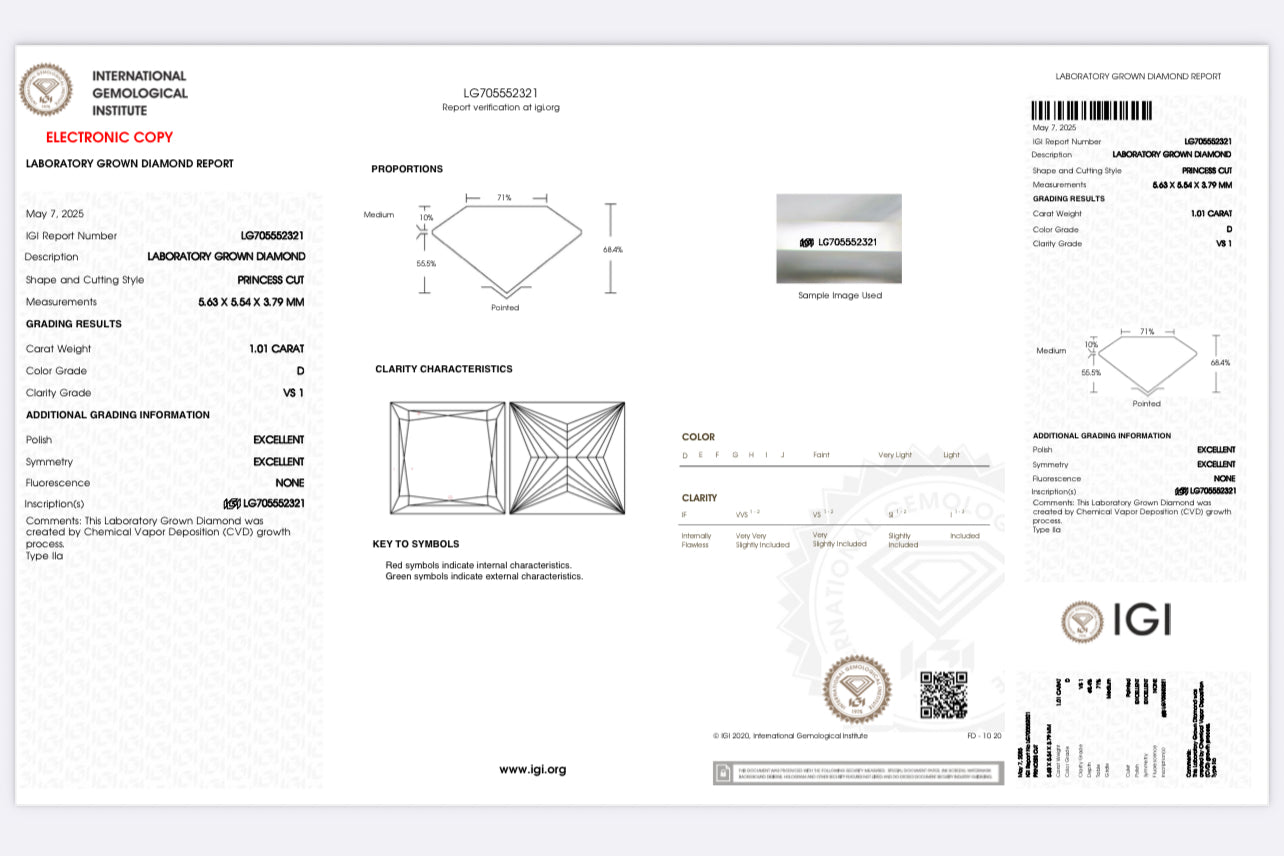 DIAMANTE DE LABORATORIO IGI CORTE PRINCESS 1.01 CT D VS1
