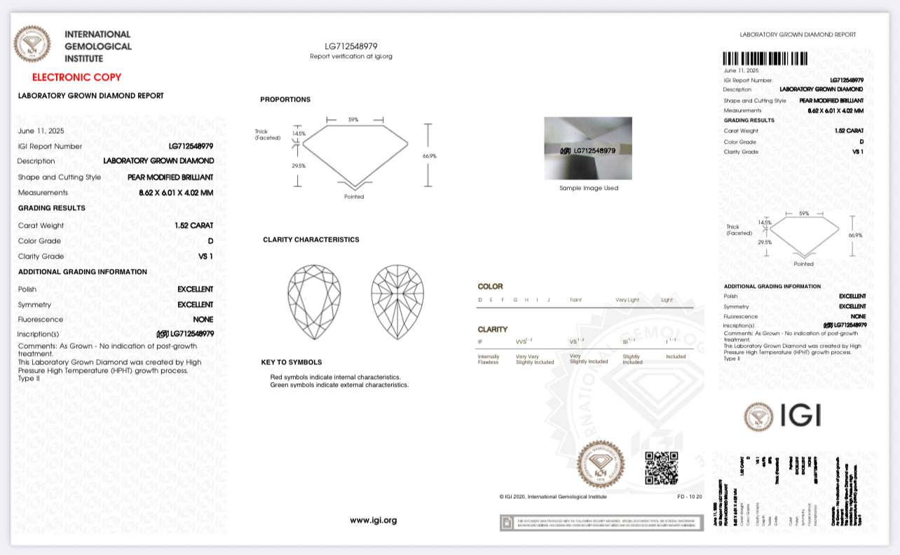 DIAMANTE DE LABORATORIO IGI CORTE PERA 1.51 CTS D VS1