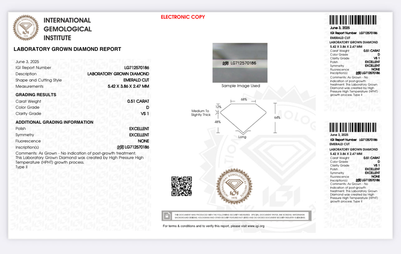 DIAMANTE DE LABORATORIO IGI 0.51 CTS CORTE ESMERALDA D VS1