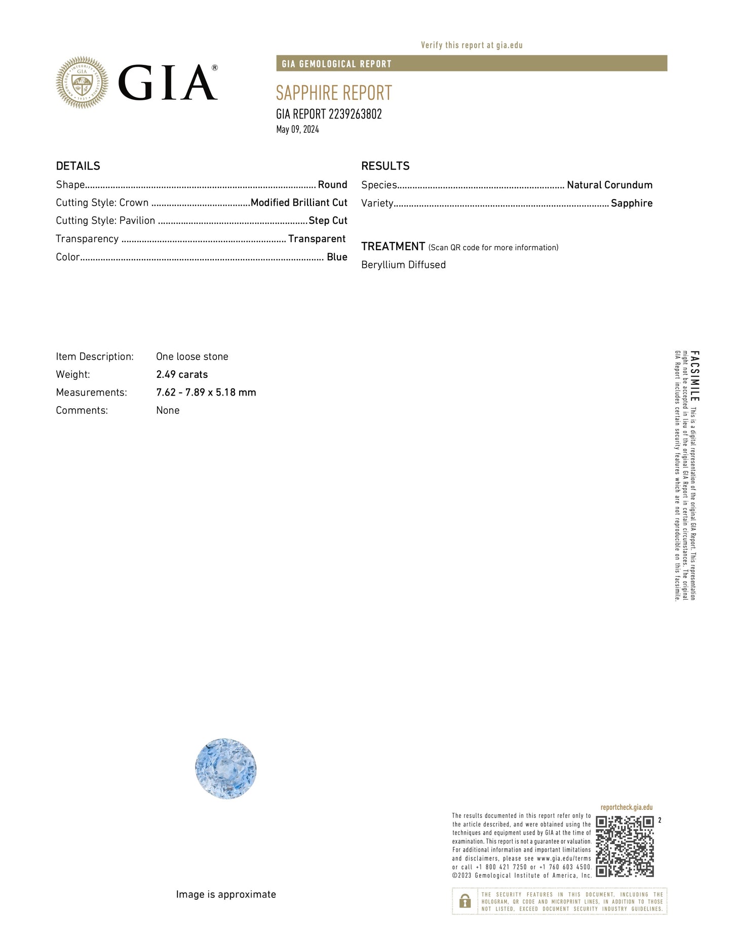 ZAFIRO GIA 2.49 CT