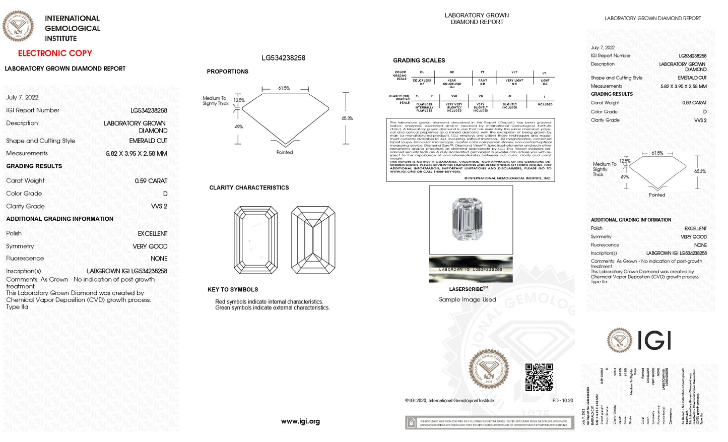 DIAMANTE DE LABORATORIO IGI 0.59 CT CORTE ESMERALDA D VVS2