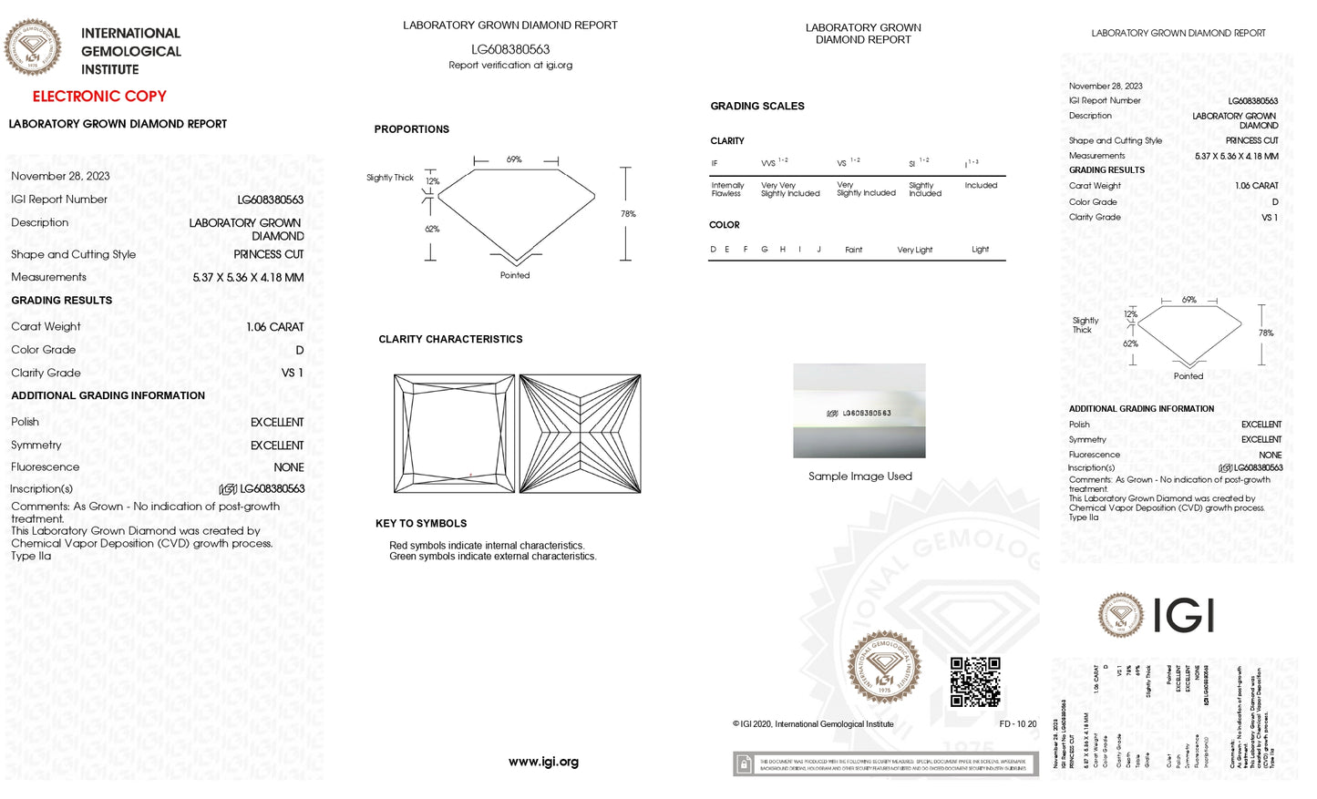 DIAMANTE DE LABORATORIO IGI CORTE PRINCESS 1.06CT D VS1