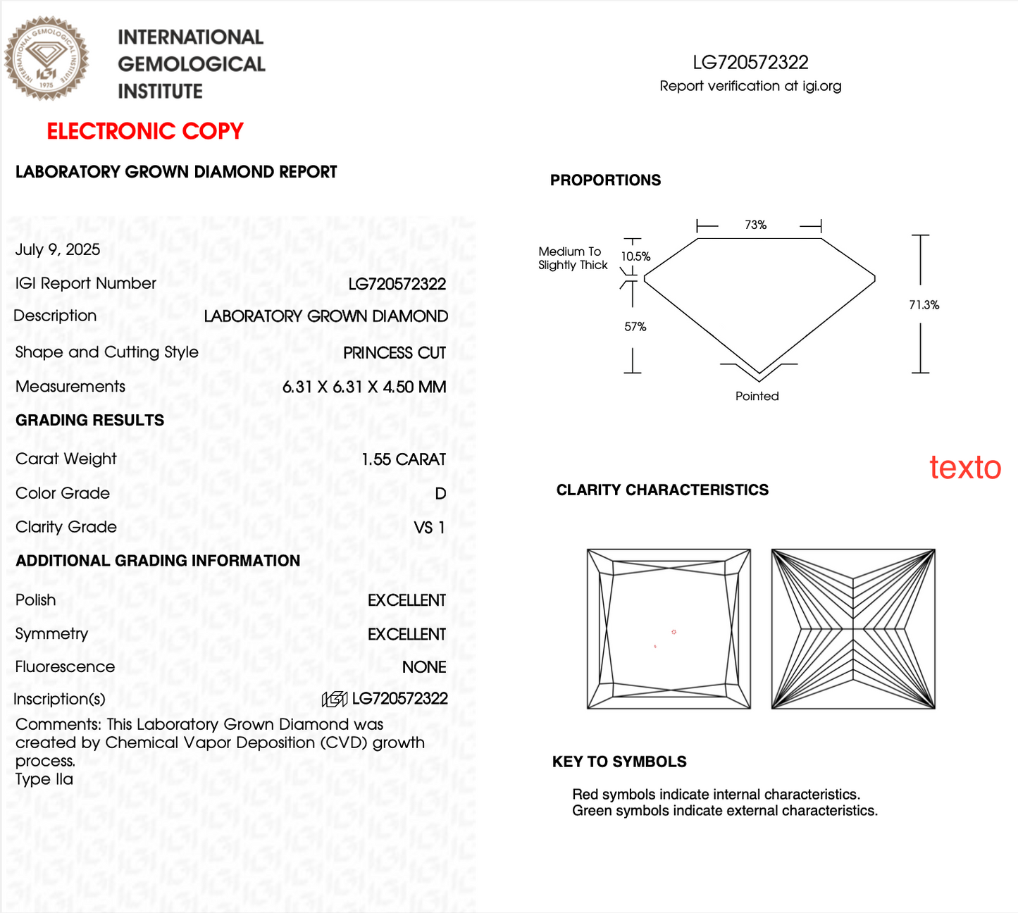 DIAMANTE DE LABORATORIO IGI CORTE PRINCESS 1.50 CT D / VS1