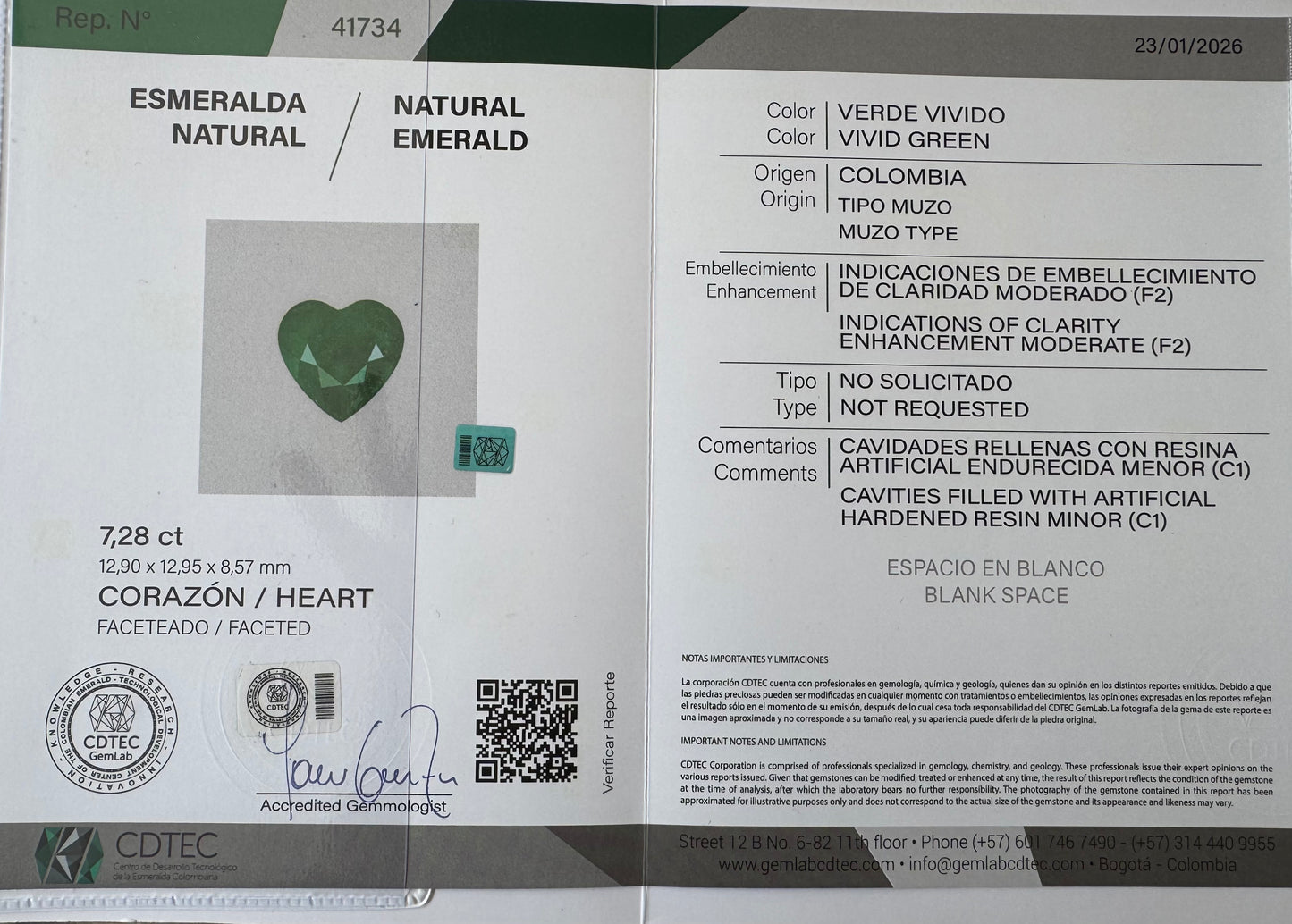 ESMERALDA CDTEC CORAZON 7.28 CT  12.90 X 12.95 MM