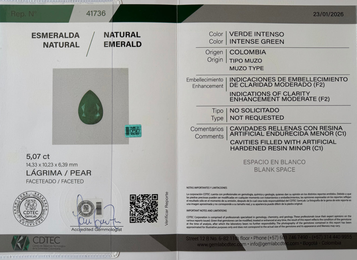 ESMERALDA CDTEC PERA 5.07 CT  14.33 X 10.23 MM