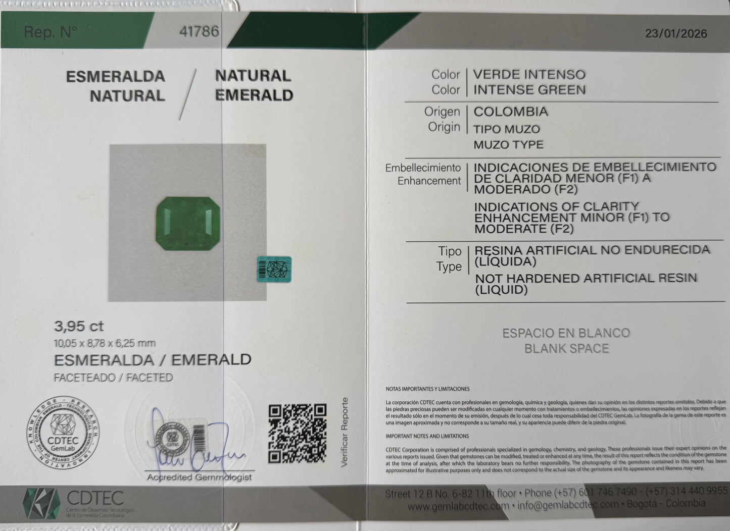 ESMERALDA CDTEC ESMERALDA 3.95 CT  10.05 X 8.78 MM