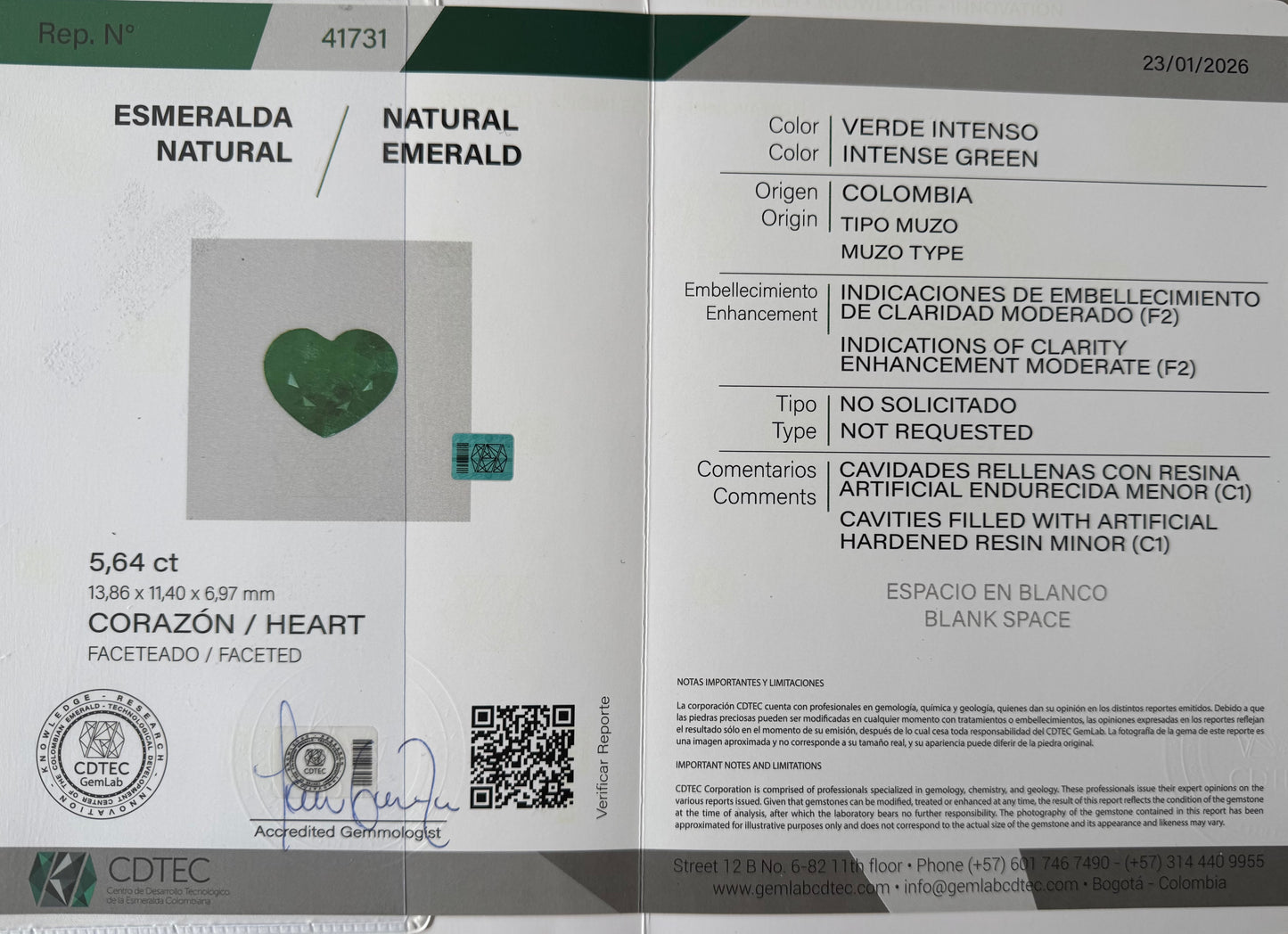 ESMERALDA CDTEC CORAZON 5.64 CT  13.86 X 11.40 MM