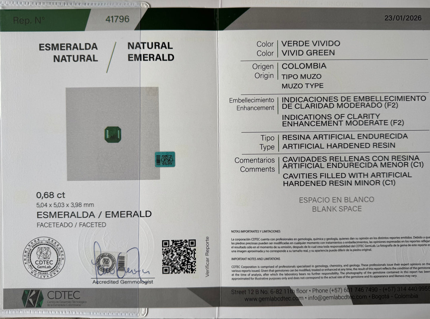 ESMERALDA CDTEC ESMERALDA 0.68 CT 5.04 X 5.03 MM