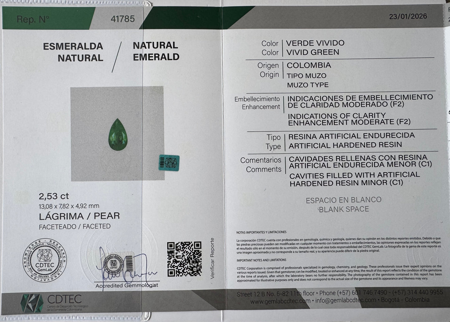 ESMERALDA CDTEC PERA 2.53 CT  13.08 X 7.82 MM