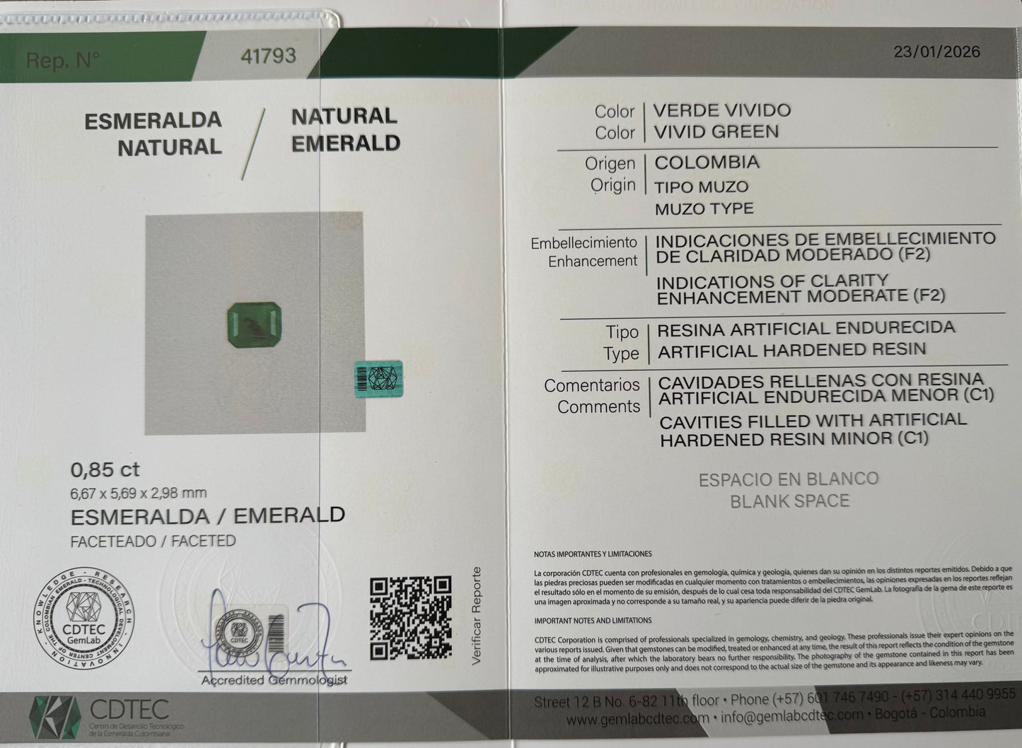 ESMERALDA CDTEC ESMERALDA  0.85 CT  6.67 X 5.69 MM