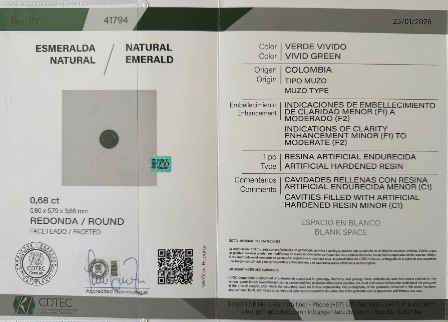 ESMERALDA CDTEC REDONDA 0.68 CT 5.80 X 5.79 MM
