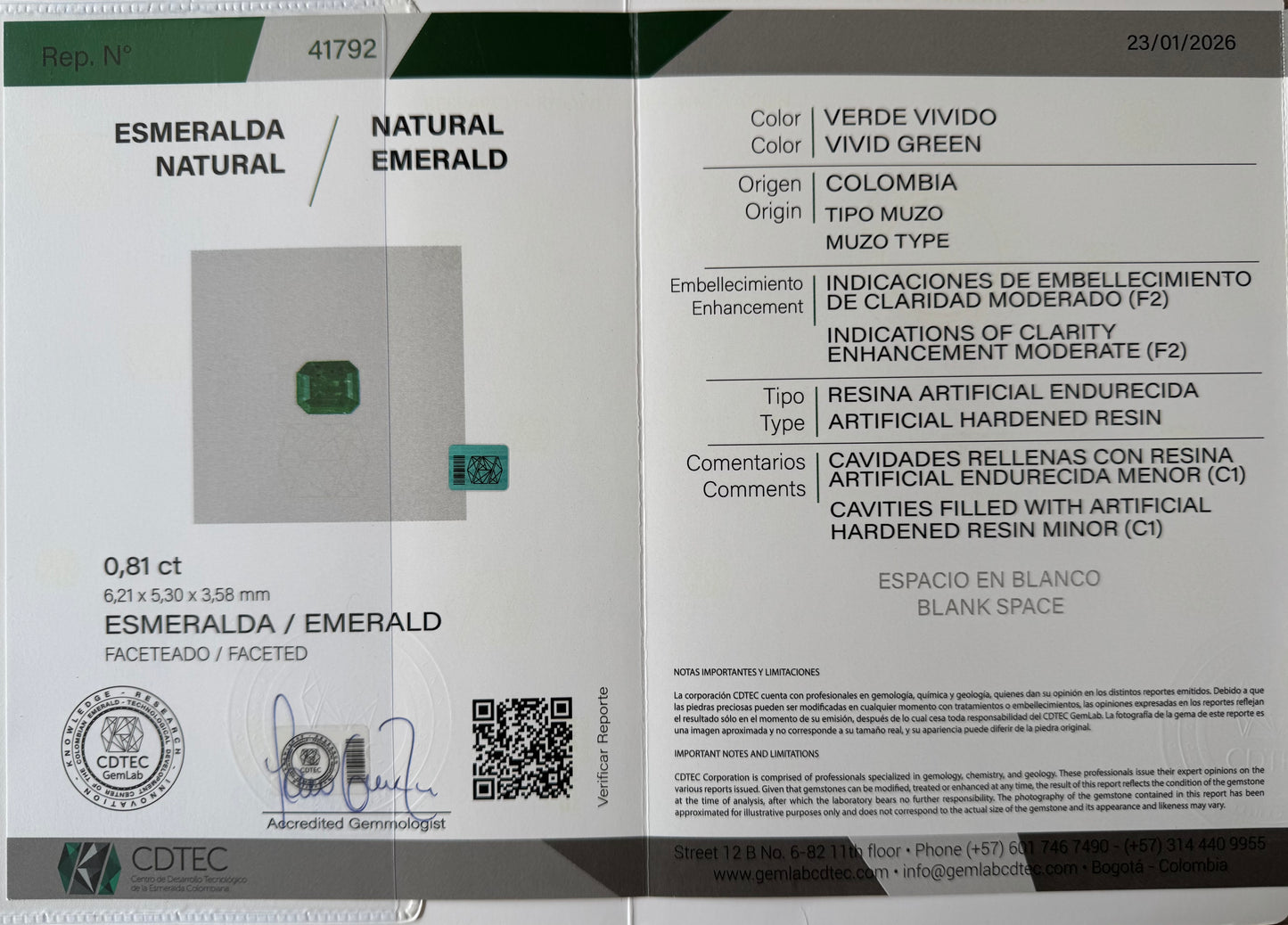 ESMERALDA CDTEC ESMERALDA 0.81 CT 6.21 X 5.30 MM