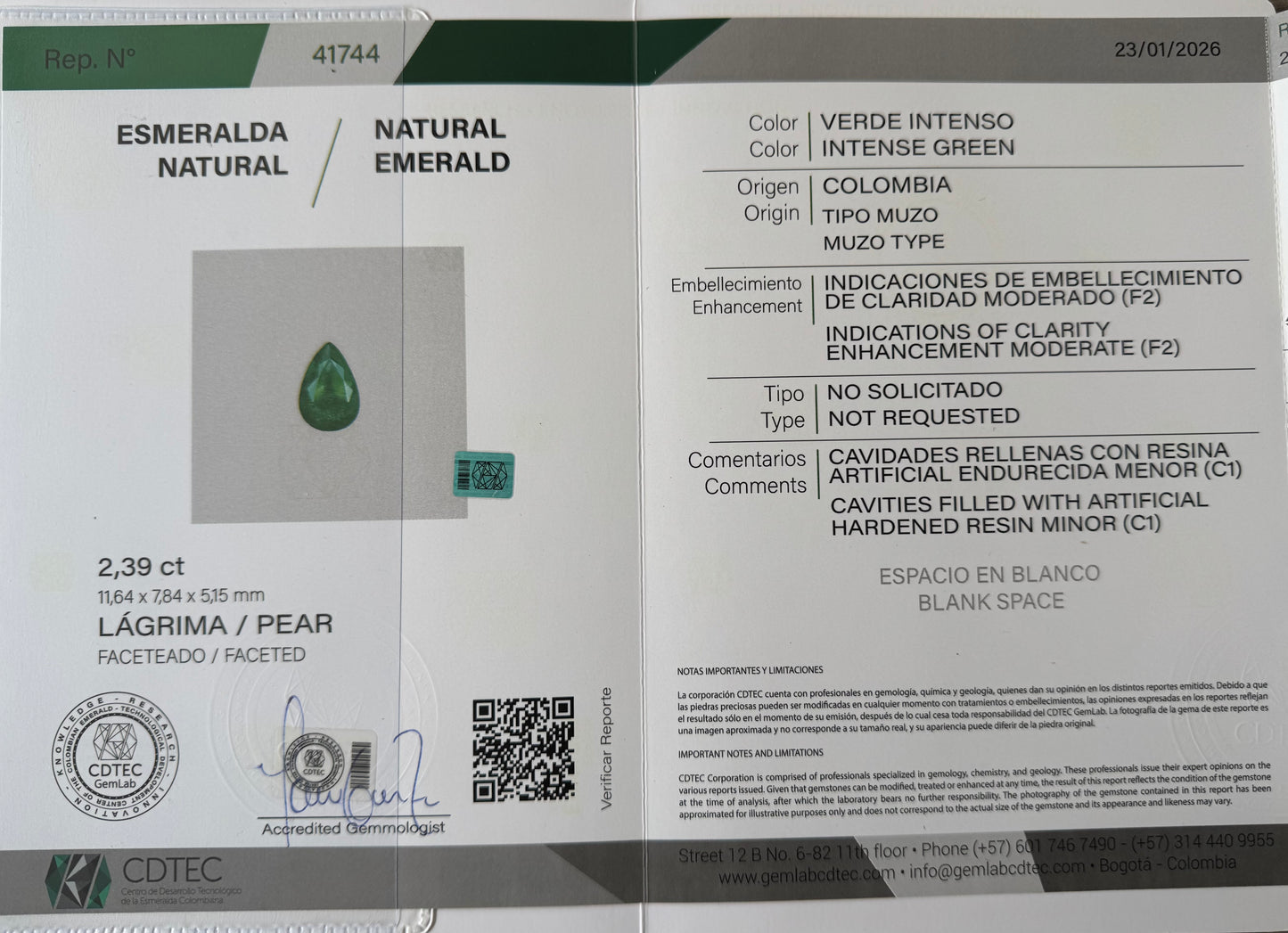 ESMERALDA CDTEC PERA 2.39 CT  11.64 X 7.84 MM