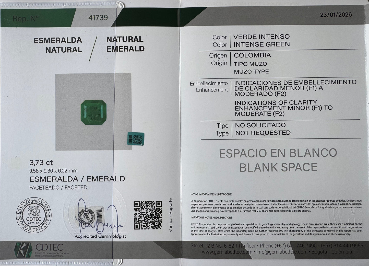 ESMERALDA CDTEC ESMERALDA 3.73 CTS 9.58 X 9.30 MM