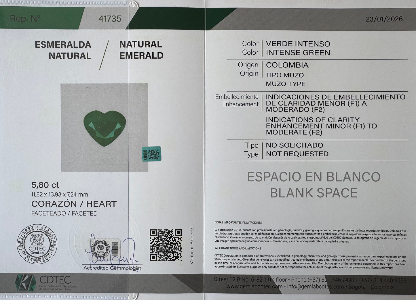 ESMERALDA CDTEC CORAZON/ 5.80 CT/ 11.82 X 13.93 X 7.24 MM