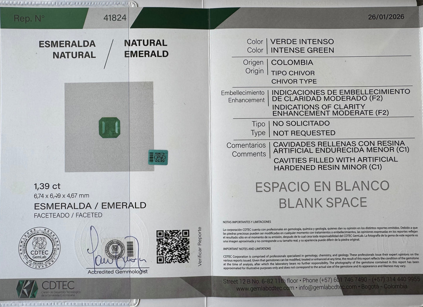 ESMERALDA CDTEC ESMERALDA/ 1.39 CT/ 6.74 X 6.49 X 4.67 MM