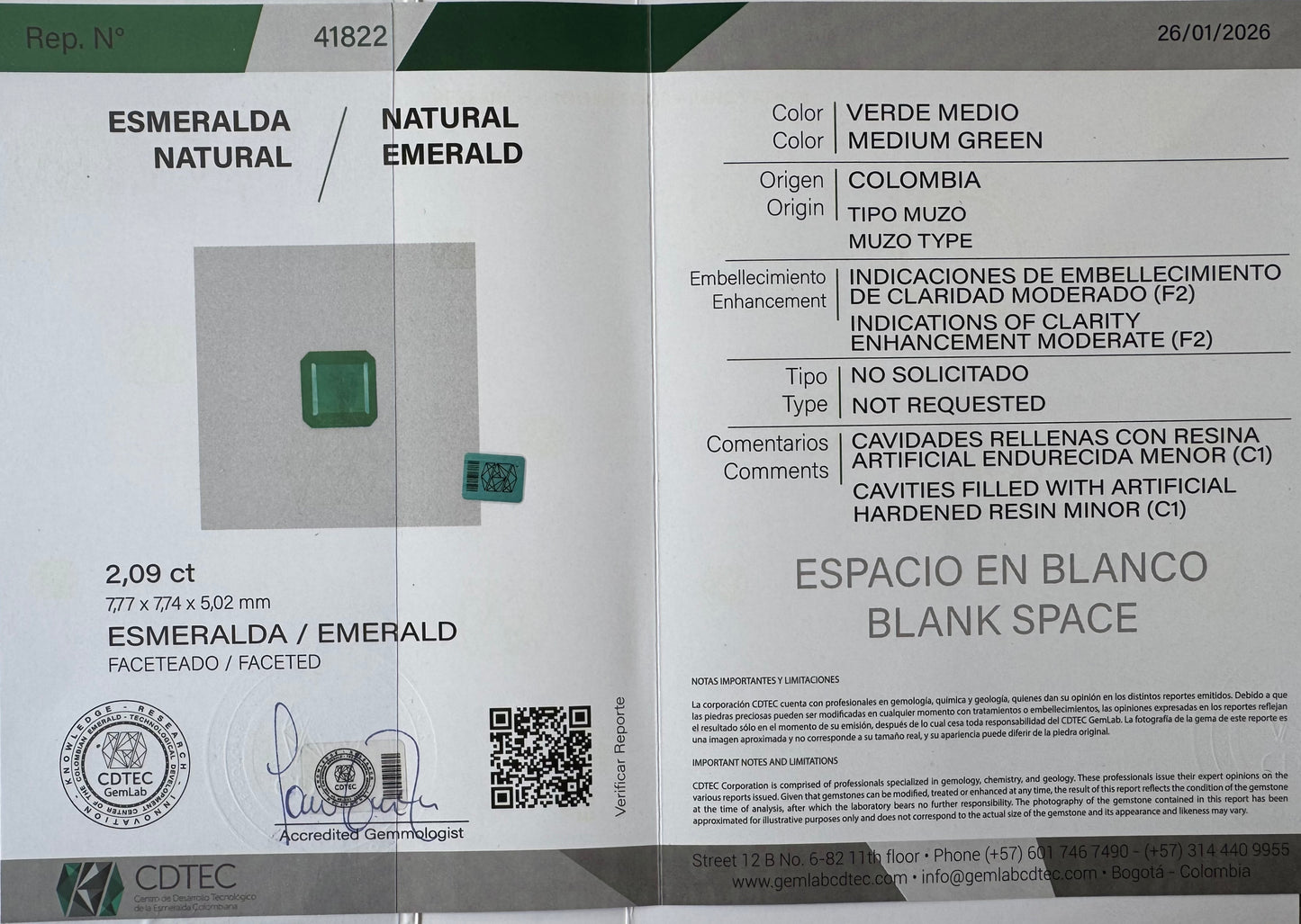 ESMERALDA CDTEC ESMERALDA/ 2.09 CT/ 7.77 X 7.74 X 5.02 MM